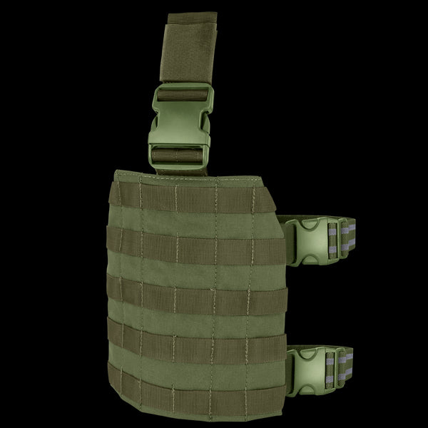 The Condor Drop Leg Platform in Olive Drab features MOLLE webbing, adjustable straps, and quick-release buckles for secure gear attachment.